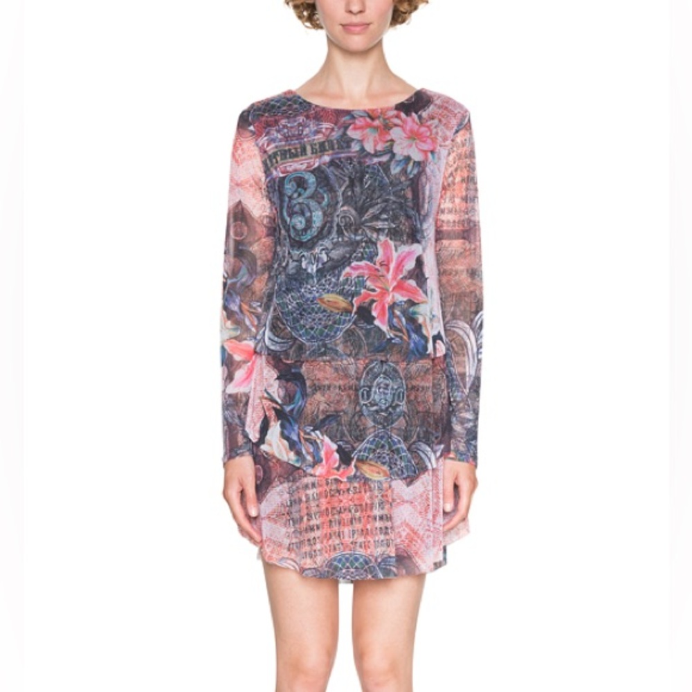 Desigual One Moment Long-Sleeve Tiered Mini Dress - Pink Floral